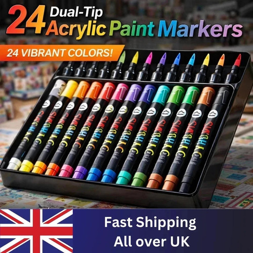Acrylic Paint Pens 24 Colours Dual Tip Waterproof Markers for Rock Wood Arts UK