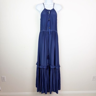 Calypso St. Barth Tiered Halter Satin Maxi Dress in Navy Size S