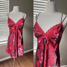 Vintage Y2K Floral Slip Dress Medium Red Satin Lace Chemise Fairy Coquette Bow