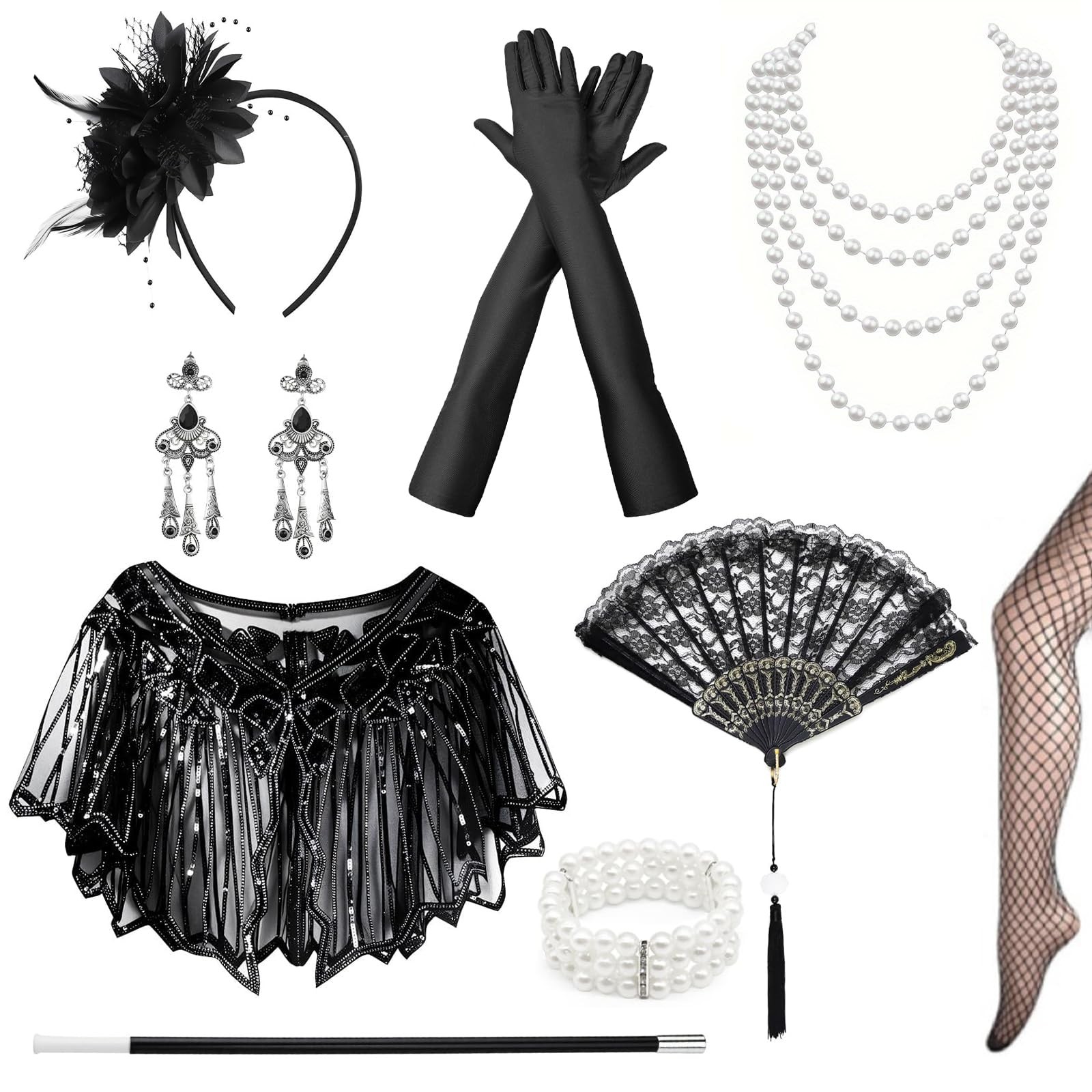 Accessoire Année 20 Femme : kit Gatsby de 9 pièces noires en taille unique