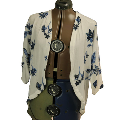 Pale Sky Floral Embroidered Crinkle Cardigan Open Front 1/2 Sleeve White Blue XS