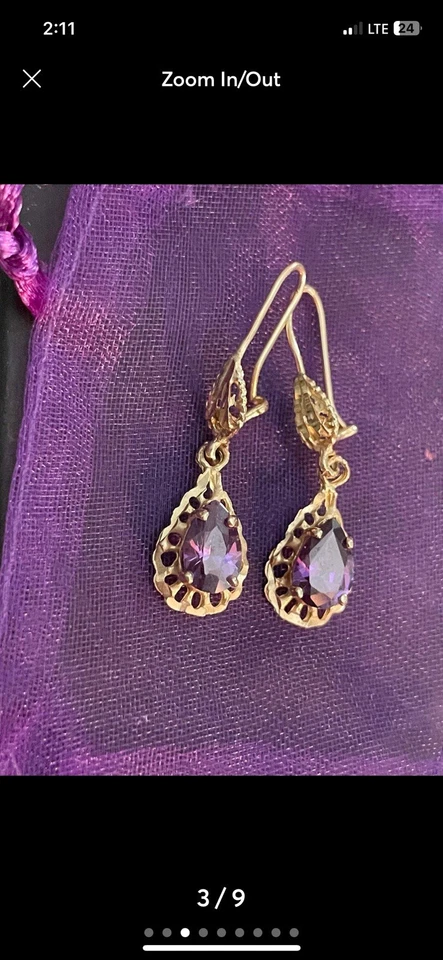 Brincos vintage de ouro 14 quilates com ametista - Imagem 3 de 4