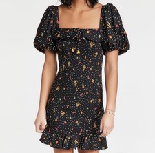 Farm Rio Women’s Sz M Black Tiny Fruits Smocked Puff Sleeve Mini Dress Party