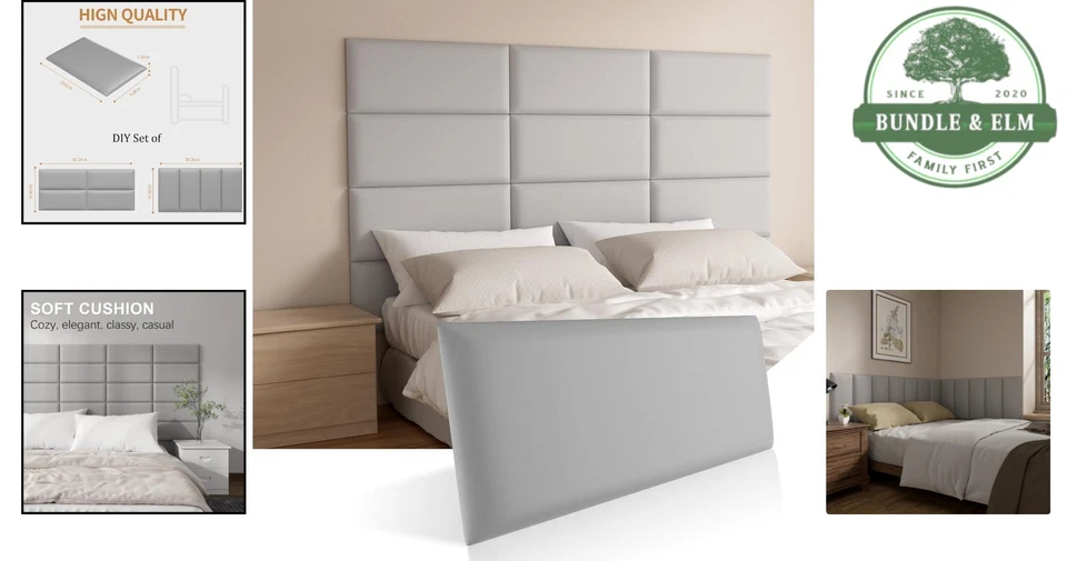 Cabecero Panel Pared Tapizado Doble Tamaño 4 Piezas Gris Insonorizado Acolchado Foto 2 de 4