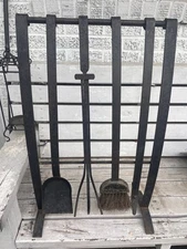 Primitive Style Distressed Iron Fireplace Tools & Rack 5pc Western Rustic