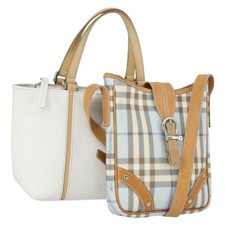 BURBERRY Nova Check Hand Bag Leather PVC 2 Set White Light Blue Auth am10287