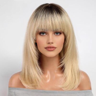 14 Inch Ombre Blonde Human Hair Wigs for White Women,Layered Straight Hair