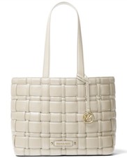 New Michael Kors Ivy woven east west tote light cream tote Bag snap pocket gold