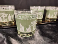 4 Jeanette Sage Green Grecian Hellenic Short Tumblers Old Fash Rocks Glasses SET
