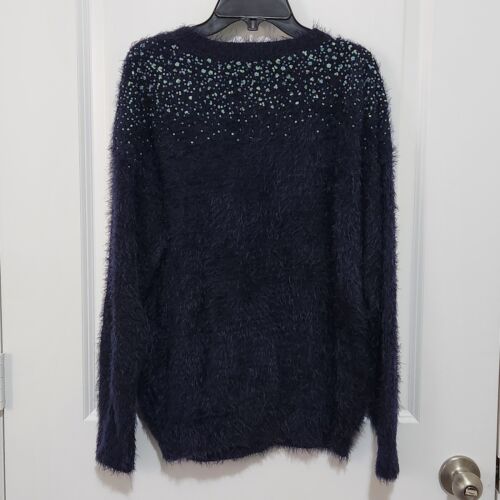Zara Fancy Collection Girls 13-14 Navy Fluffy Floral Sequin Sweater - Picture 2 of 7