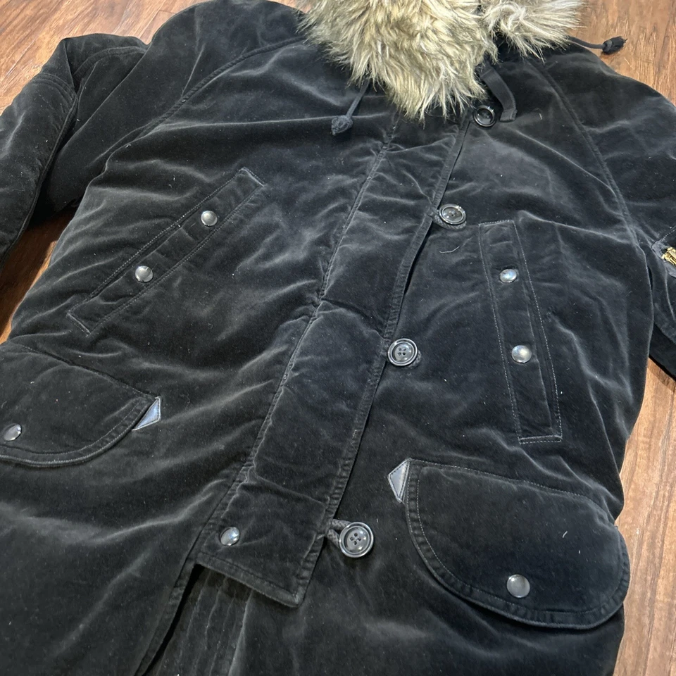Ralph Lauren Denim & Supply Terciopelo Negro Chaqueta Parka Abrigo Plumón Piel Sintética Foto 3 de 4
