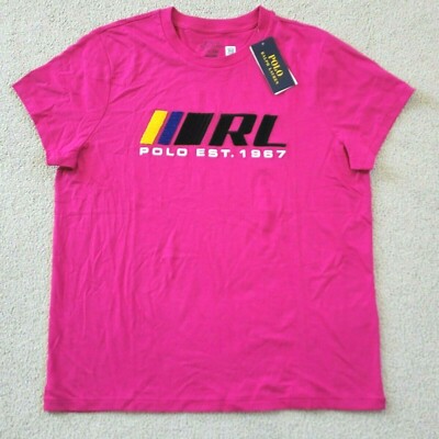 Polo Ralph Lauren Women Beaded Pink T-Shirt RL POLO 1967 Tee Crew Neck Large