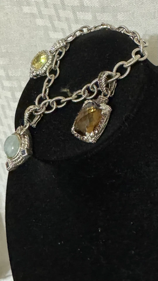 Judith Ripka Sterling Silver Rolo Link Bracelet With 3 JR Semi Precious Charms - Image 3 of 4