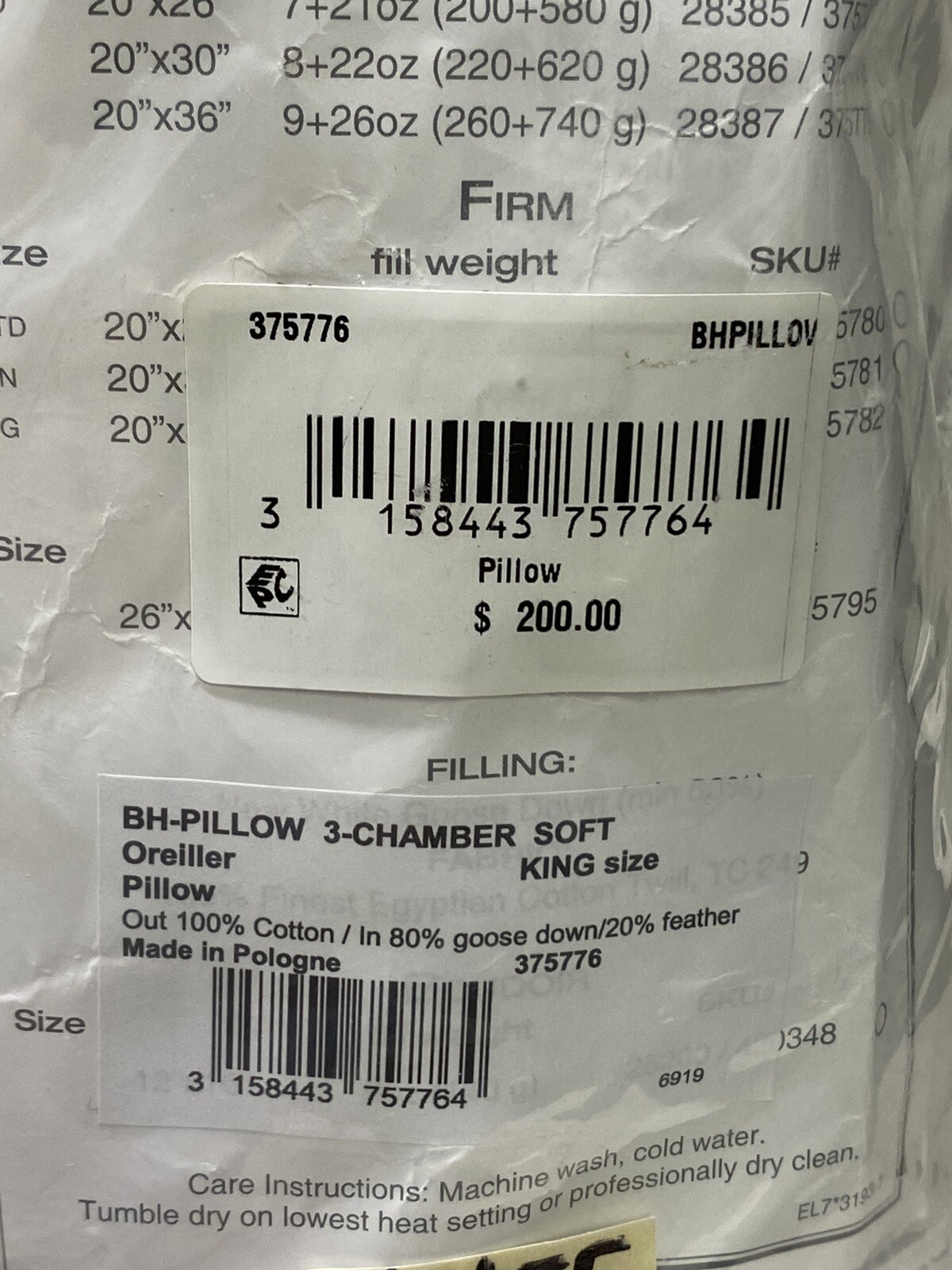 Yves Delorme 3 Chamber Down & Feathers One King Pillow Soft Density New