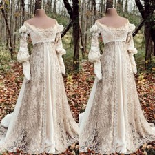Vintage Champagne Wedding Dresses Long Sleeves Lace Appliques Bridal Gowns
