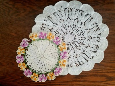 2 Vintage Handmade Crochet Doilies Dresser Scarves Cream Pastel