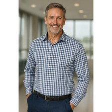 Bugatchi Uomo Shaped Fit Shirt Men's Large Blue Plaid Check Long Sleeve Button