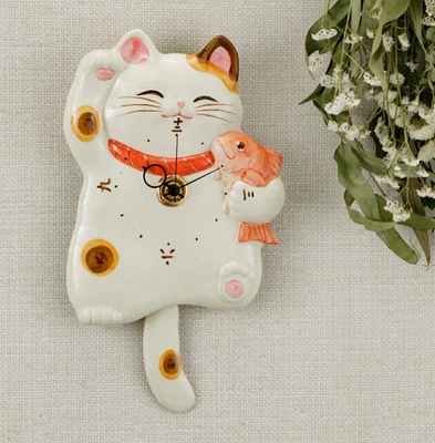 Japanese Lucky cat Manekineko Wall Pendulum Clock w/TAI Pottery SETO ware Gift