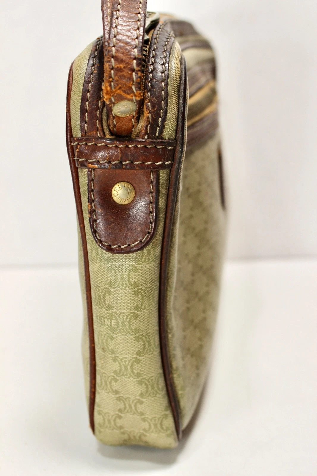 Borsa pochette vintage CELINE Macadam PVC marrone chiaro cinturino da polso