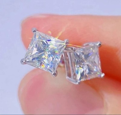 2.50Ct Princess Cut Real Moissanite Women's Stud Earrings 14K White Gold Plated