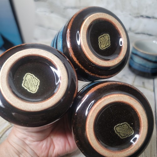 Vintage Otagiri Blue Ocean Stripe Pottery No-Handle Tea Sake Cups Set of 6 - Picture 7 of 8