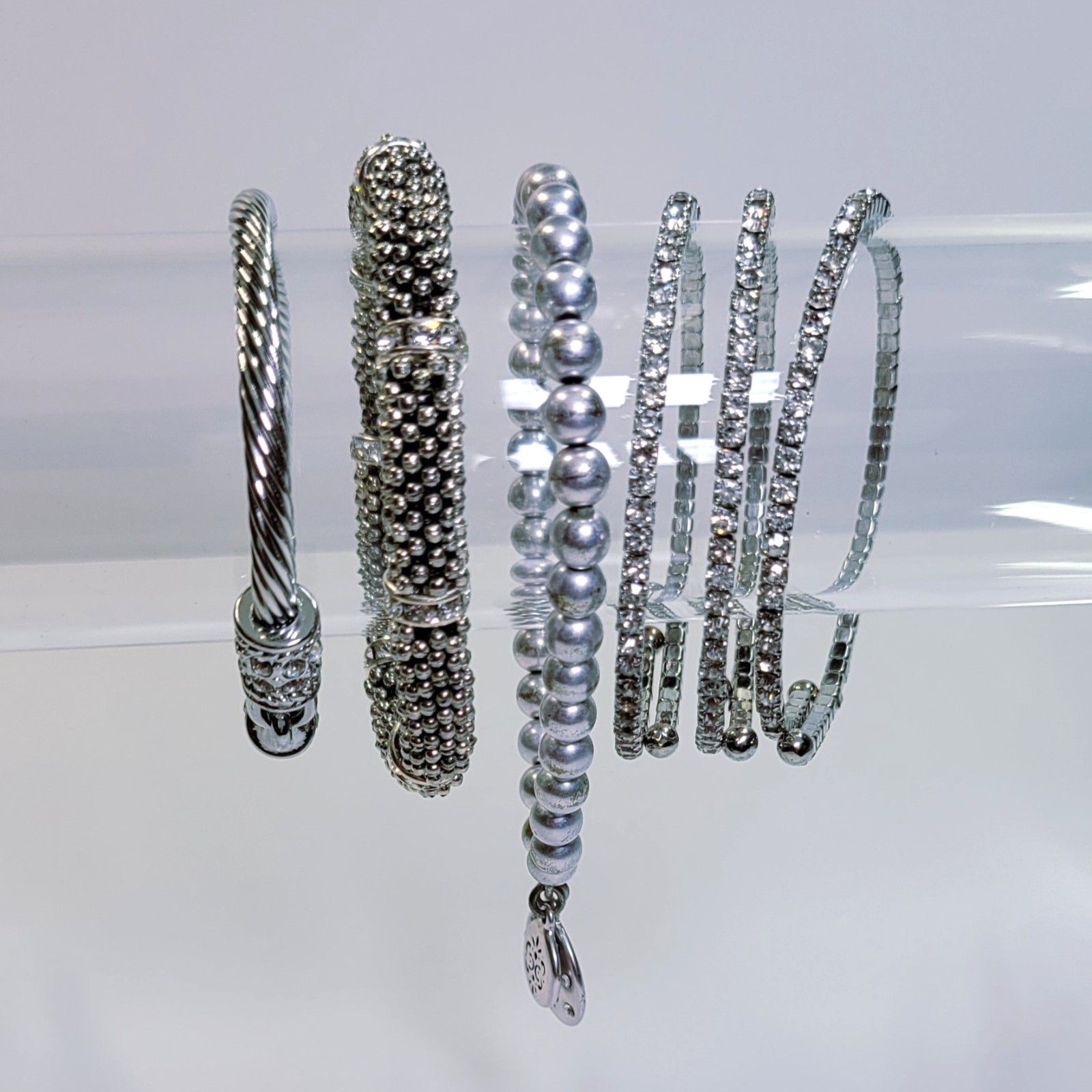 Silver Tone Bangle Bracelet Stack Set – Beaded, R… - image 4