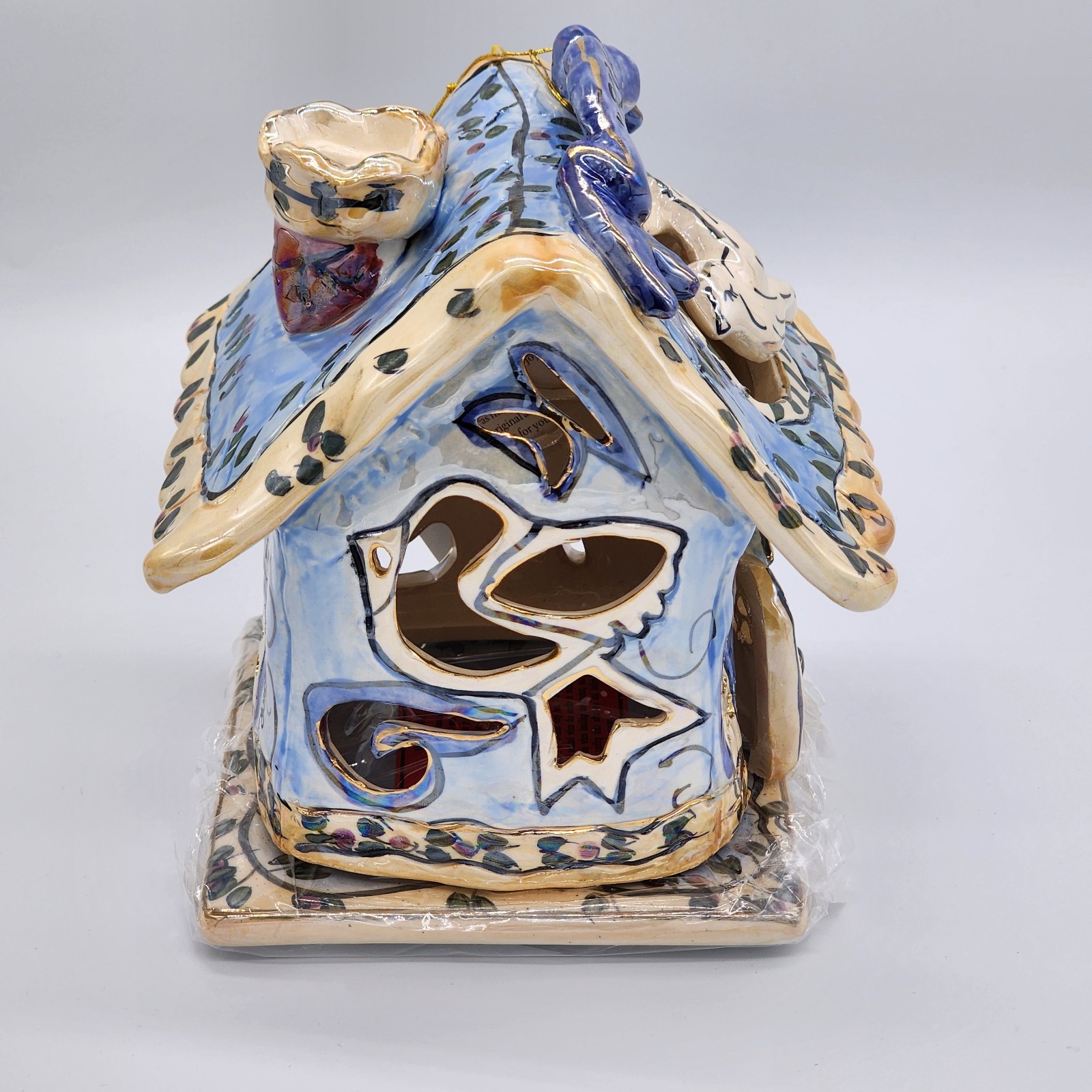 Blue Sky Clayworks Peace Tea Light House with Birds Vintage 2002 NWT