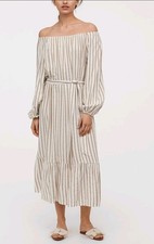 H&M Beige White Striped Linen Cotton Blend Belt Waist Dress UK 10 38 Midi