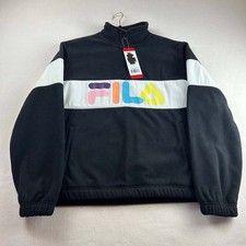 FILA Women's 1/4 Zip Fleece Jacket Size Medium Black Retro Spellout Logo NWT