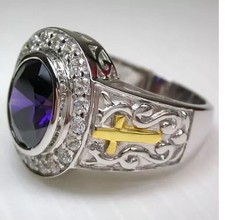 4 Ct Oval Cut Amethyst Lab Created Men's Cross Bishop Ring 14K White Gold Plated