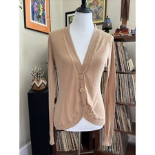 Vintage American Eagle Button Cardigan Womens L Khaki Pink Sweater Knit Y2K