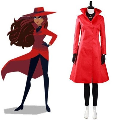Carmen Sandiego Cosplay Costume Red Dress with Hat Gloves Carnival Party Role