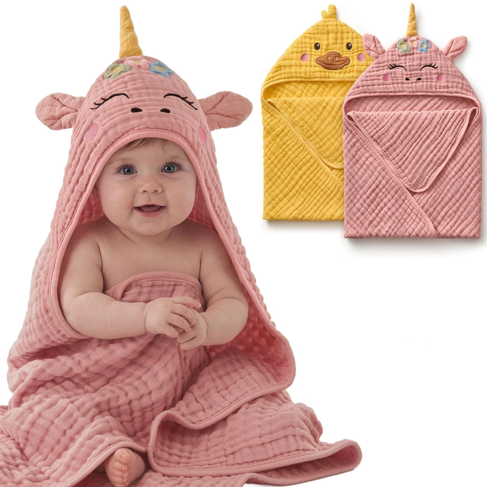 Blissful Diary Muslin Baby Hooded Towel 2 Pack Soft Absorbent Bath Towel Infant