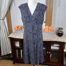 Chaps Blue White Polka Dot Knit Dress Large Sleeveles NWT