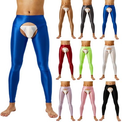 US Mens Leggings Elastic Underwear High Waist Pants Open Crotch Dancewear Glossy
