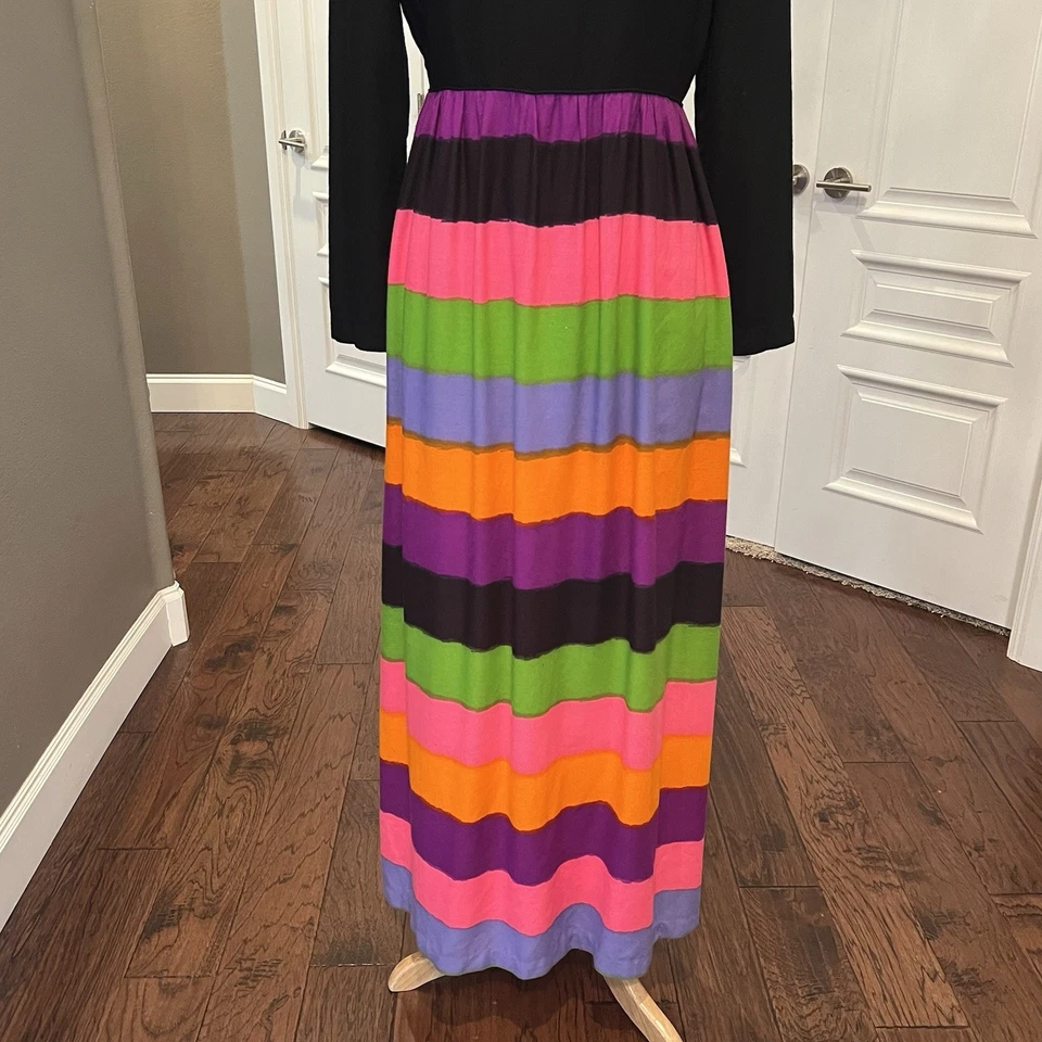 Maxi Vestido De Colección Años 60 Park East By Swirl Talla 14 Talla 6 8 Negro Top Arco Iris Rayas Foto 3 de 4