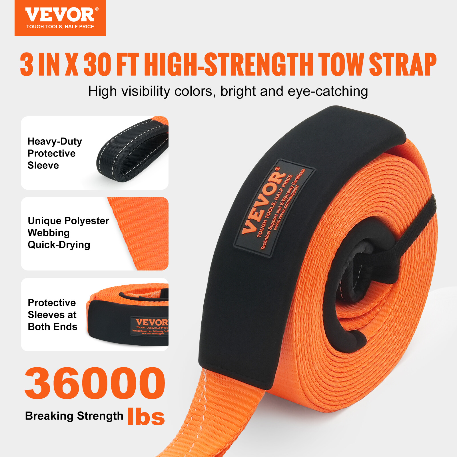 VEVOR 3"x 30' Tow Strap 36000 lbs Recovery Rope w/ D-ring Shackles and Connector