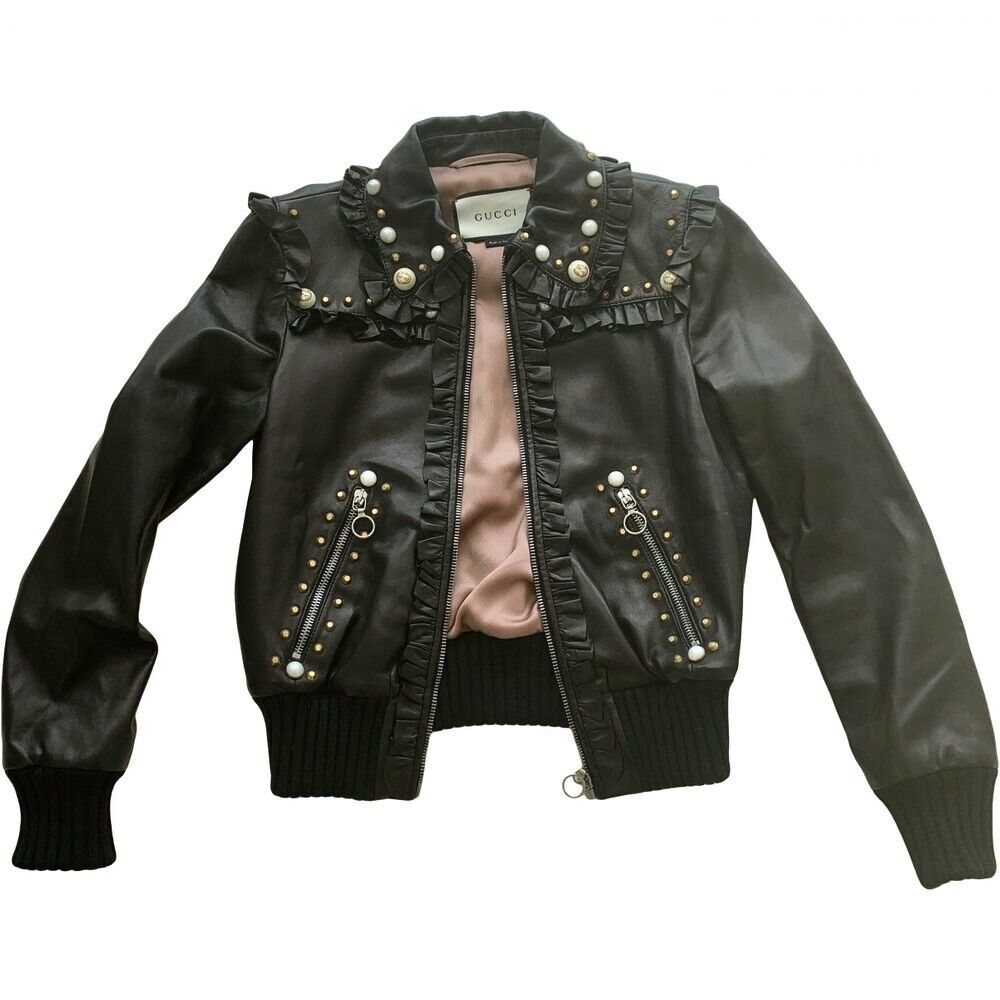 Gucci Lamb Leather Moto Jacket embellished with pearls and Gucci Lamb Leather Moto Jacket embellished with pearls and