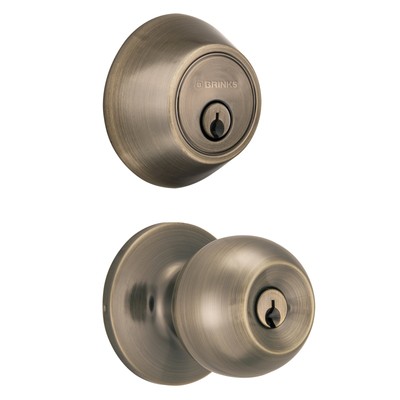 Brinks Keyed Entry Classic Ball Doorknob and Deadbolt Combo,Antique Brass Finish