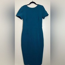Boden Teal Blue Fitted Midi Dress Size 12 Long Textured Cotton Blend