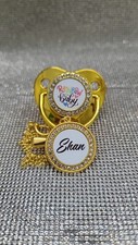 Personalised Rainbow baby Design pacifier with Name  Gold  Silver clip