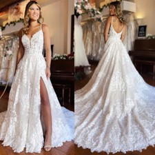 Spaghetti Straps Lace Wedding Dresses Side Slit Backless Appliques Bridal Gowns
