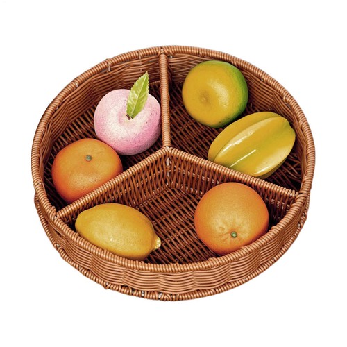 12in Hand Woven Bread Basket Kitchen Fruit Tray 3 Grids Round Storage Bowl