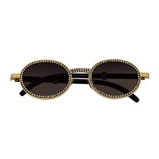 BLING ONE - Rhinestone Retro 90s Fashion Round Metal Oval Sunglasses Gold Smoke