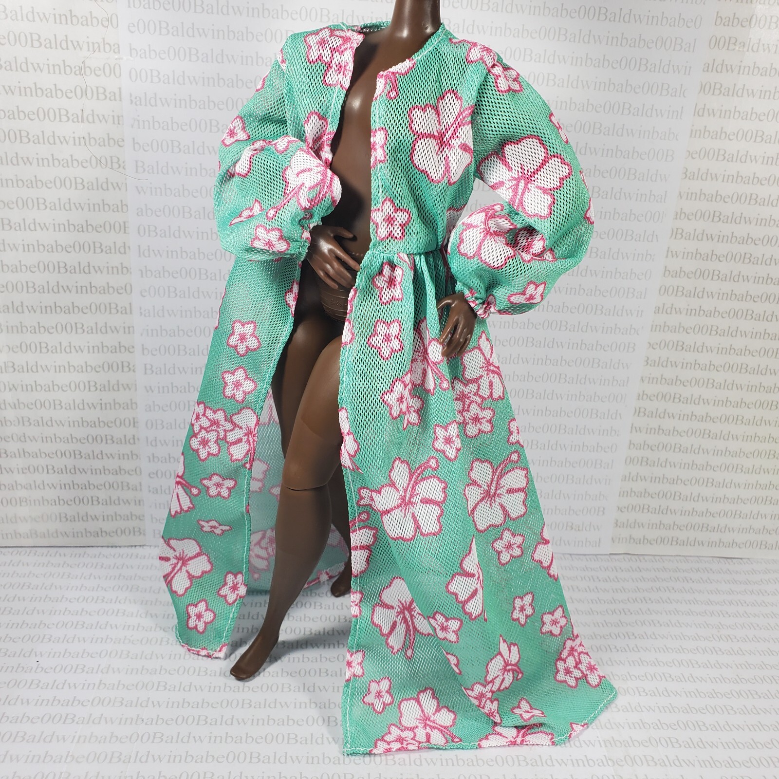 ROBE ~ 1/6 FASHION DOLL CURVY EXTRA FLY GREEN PINK WHITE FLORAL MESH CLOTHING-image