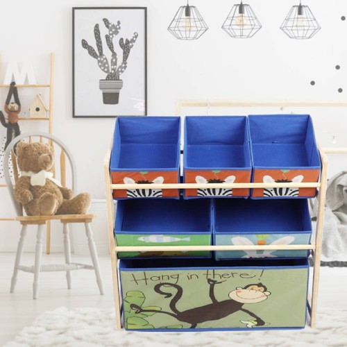 Wooden Kids Children Toy Storage Rack shelf with 6 Bags tidy Organizer Playroom - Picture 5 of 17