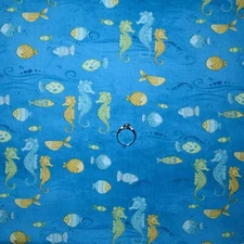 BonEFul Fabric FQ Cotton Quilt Blue Water Color Orange Sea Horse Ocean Wave Fish