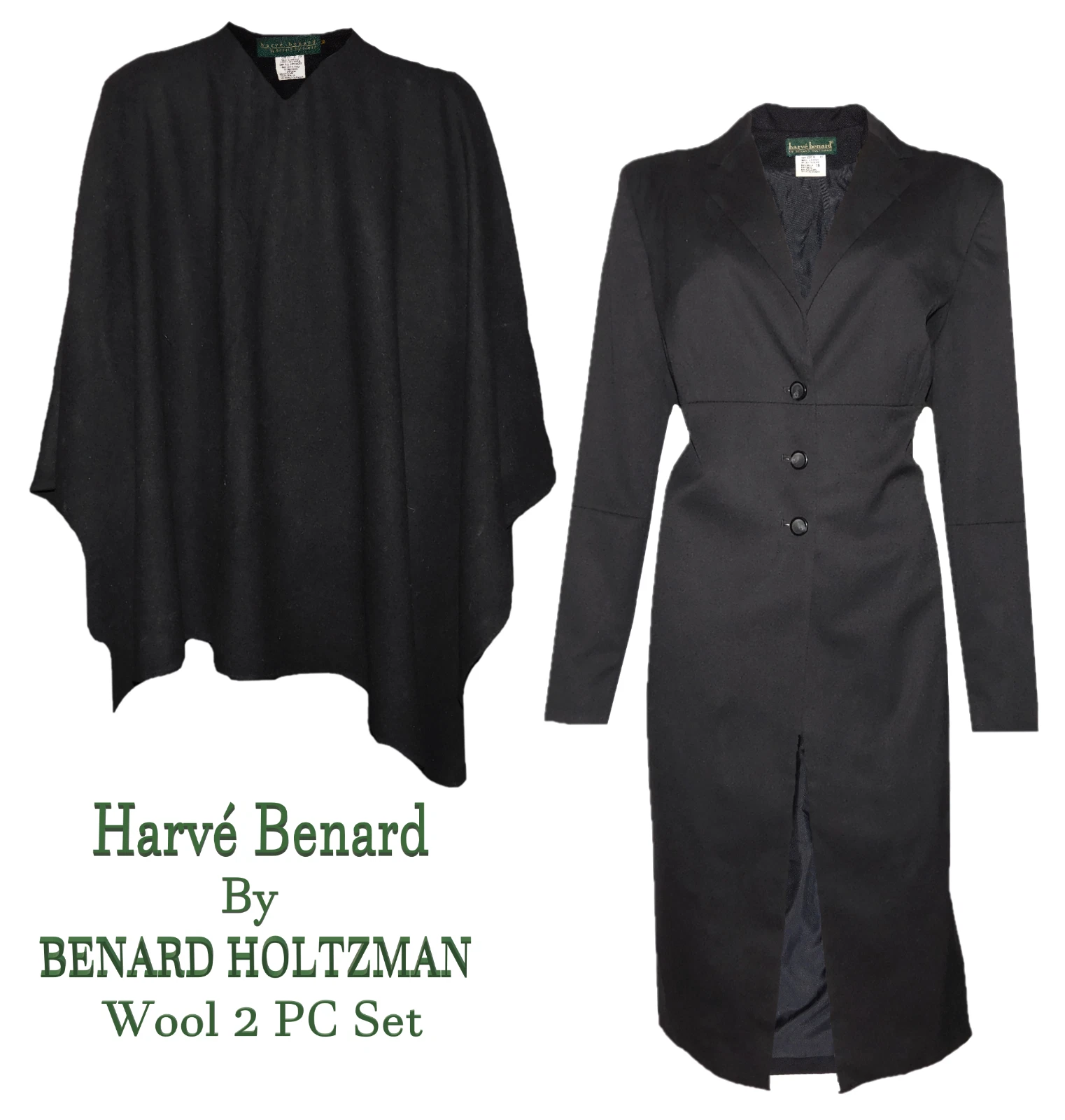 Womens Wool Black Trench Coat & PONCHO Cape Harve Bernard sz 16