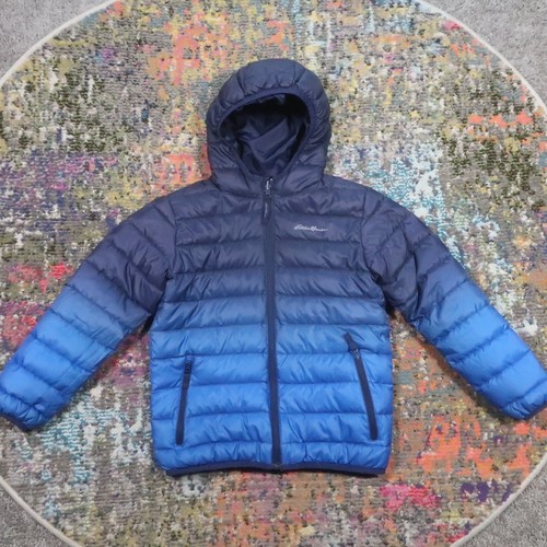 Eddie Bauer Boys Reversable Down Hooded Puffer Jacket Small 7-8 Blue Hombre