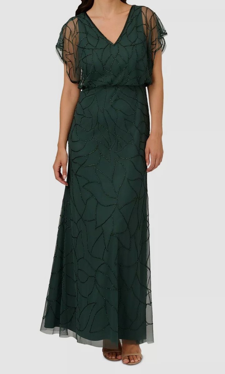 adrianna by adrianna papell women's beaded dolman-sleeve dress Green Blouson Gown Size 2 AP1E210622 Brand Fall Wedding Guest Beach Theme Party Outfit Size:Large (109cm) / Sleeve (83cm)